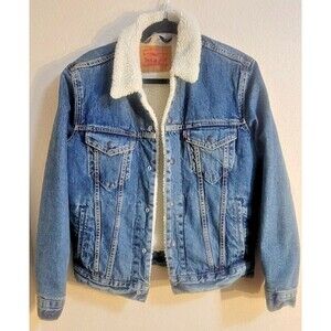Levis Sherpa Trucker Jacket Small Blue Denim Lined Faux Shearling Cozy